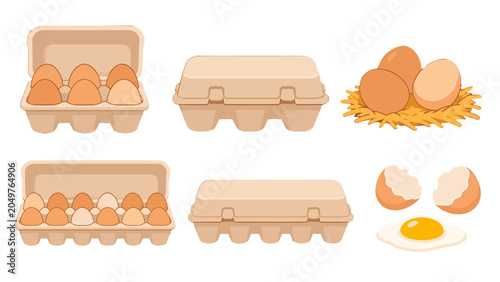 Valokuva Egg cartons with whole eggs, shells, and yolk vector set