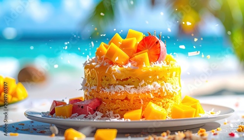 A delightful layered tropical fruitcake adorned with fresh mango, papaya, and coconut flakes, presented on a plate with a tropical beach bokeh.