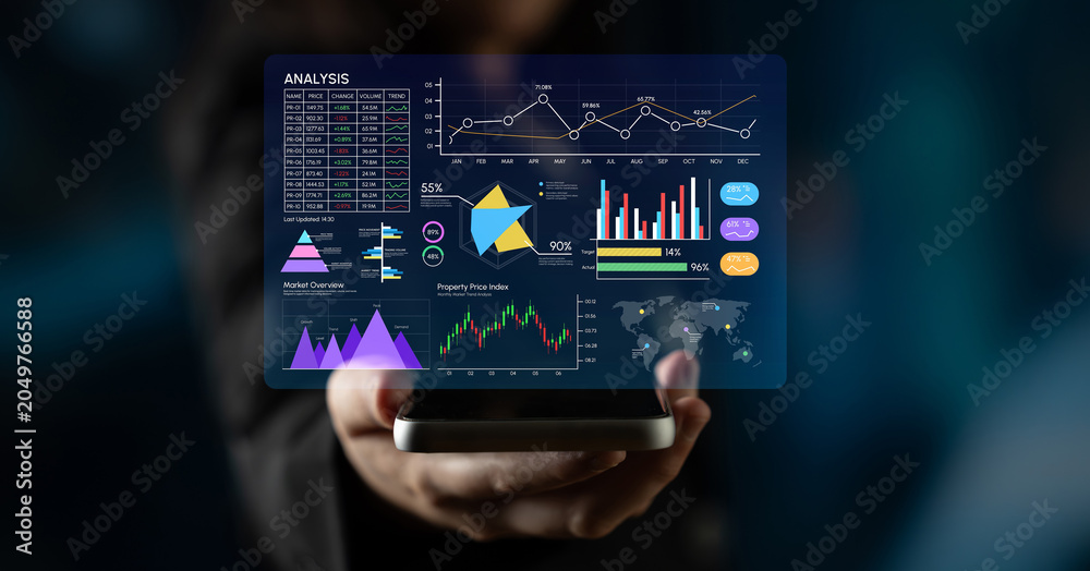 Fototapeta premium Modern Data Visualization with User Holding Smartphone Displaying Colorful Graphs and Charts for Business Analysis and Insights. Entropy.