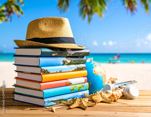 A collection of travel guides and maps stacked on a wooden table, showcasing diverse destinations through.