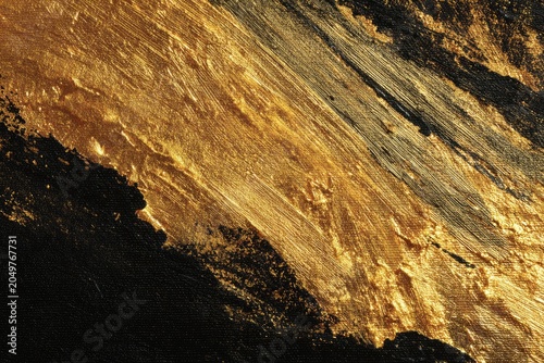 Abstract metallic gold paint streaks across textured black background