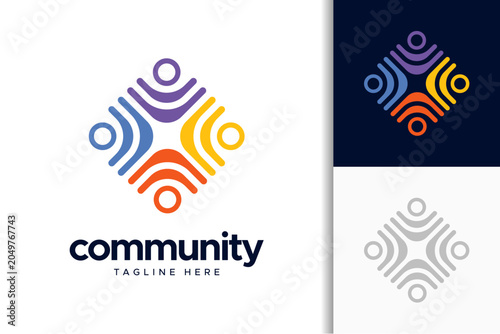 Community logo design with four abstract people figures in a circular motion representing unity and connection