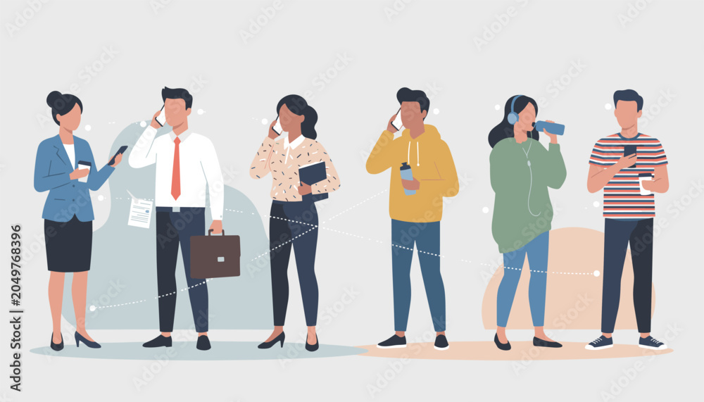 Obraz premium Group of diverse people standing in a row while using smartphones for calling texting and listening to music in a modern social media setting.