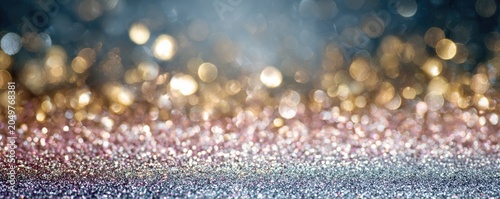 Soft focus background of sparkling glitter in shades of blue, gold, and pink