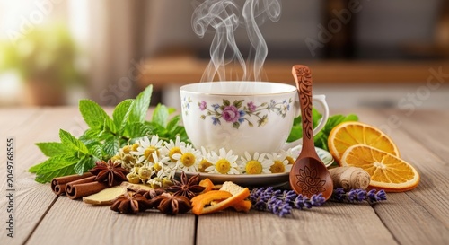Steaming Floral Tea Cup with Cinnamon Star Anise Mint and Orange Slices on Wooden Table Surface