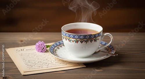 White Patterned Teacup Steaming on Saucer with Purple Flower and Letter on Dark Wooden Table