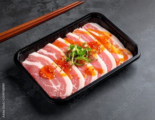 A black plastic container filled with sliced raw meat, topped with sauce and green garnish, accompanied by chopsticks