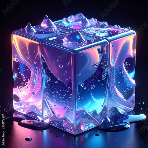 A 3D cube made of translucent ice with vibrant purple and blue hues