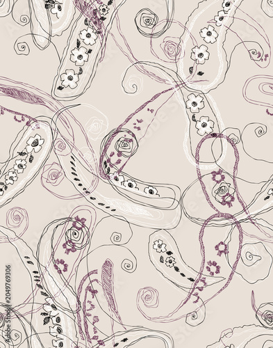 Hand-drawn paisley and floral seamless pattern. Sketch illustration on beige background. Romantic vintage textile design.
