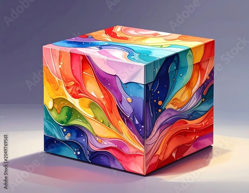 A 3D cube with a vibrant, swirling pattern of colorful hues and fluid shapes