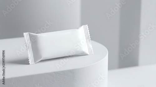 Blank white candy wrapper mockup isolated on pedestal for branding presentation, food packaging design, snack pouch template