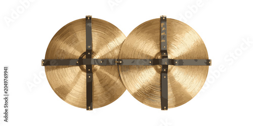 Konstfotografi Pair of marching band cymbals with leather straps isolated on white background, traditional brass percussion instruments