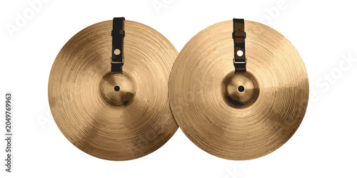 Canvastavla Pair of marching band cymbals with leather straps isolated on white background, traditional brass percussion instruments