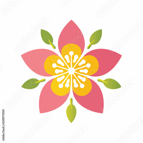Stylized Pink and Yellow Flower with Green Leaves