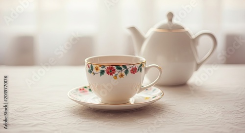 White Floral Teacup and Saucer with Teapot on Lace Tablecloth in Front of Bright Window Light