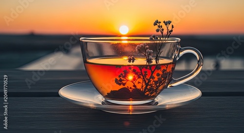 Clear Glass Tea Cup and Saucer with White Flowers Reflecting Orange Sunset on Wooden Surface