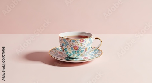 Floral Ceramic Teacup with Tea on Matching Saucer with Gold Rims on Pink Plain Background