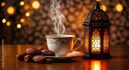 White Ceramic Cup with Steam beside Dates and Ornate Lantern on Dark Wood Table with Bokeh Background
