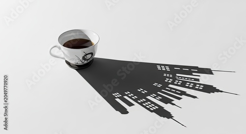 White Ceramic Coffee Cup Casting City Skyline Building Shadow on Flat White Surface