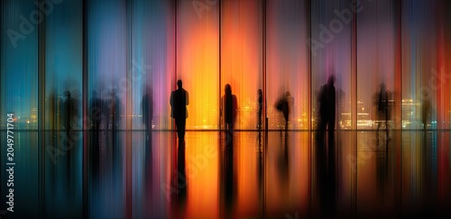 Silhouetted figures stand against a vibrant, blurred backdrop of colorful lights