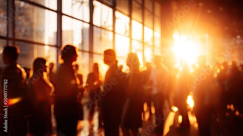 Silhouetted figures gather in a sun-drenched atrium with bright lens flare