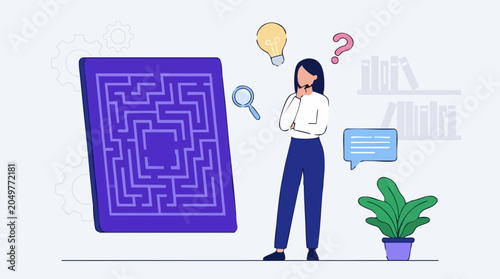Tableau sur toile Woman thinking and solving a complex maze with ideas and questions