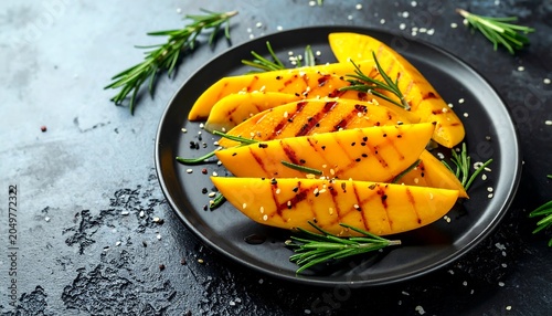 A black plate holds grilled mango slices with rosemary and sesame seeds on a dark surface