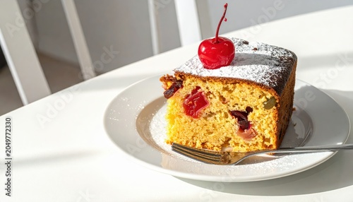 A delightful slice of fruitcake, dusted with powdered sugar and topped with a bright red cherry, served on a white plate with a fork.