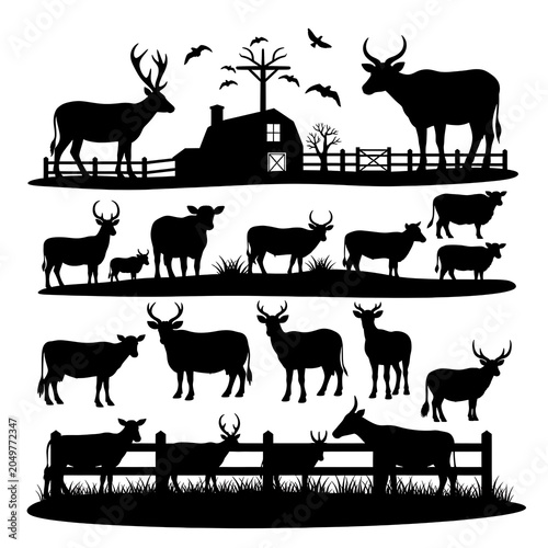 Black and white illustration of various cows in different poses.