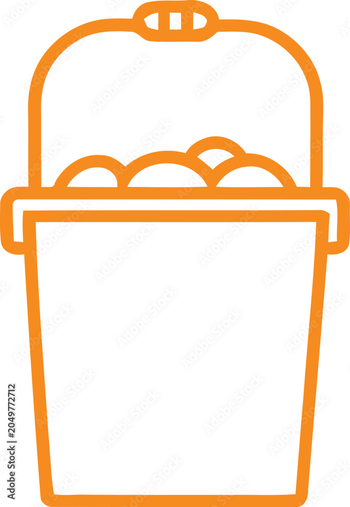 Fototapeta premium Graphic line vector icon of a utility bucket filled with items for domestic cleaning or gardening tasks, container