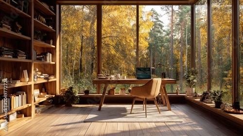 Cozy home office with large window overlooking autumn forest and wooden bookshelf