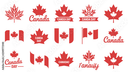 Quadro su tela Collection of red canada day icons with typography maple leaves and patriotic flag signs
