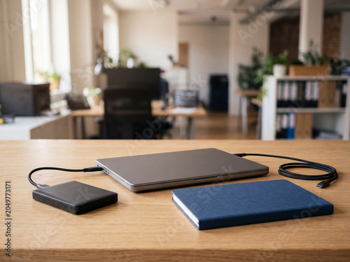 Encrypted backup drives on clean office desk