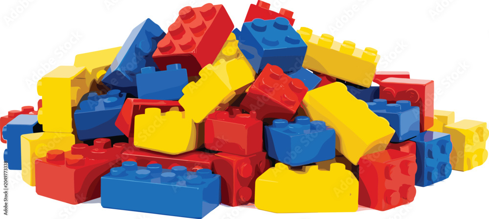 Obraz premium Pile of Colorful Plastic Building Blocks for Kids Isolated on White Background Vector Illustration