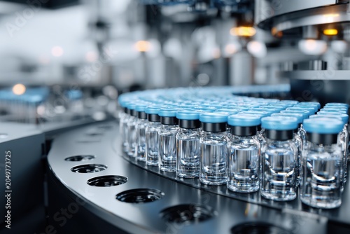 Automated pharmaceutical production line with glass vials arranged on conveyor system for modern medicine packaging and distribution process