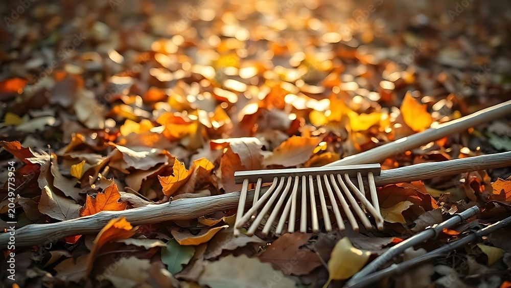 Obraz premium Autumn leaf pile in a garden with a wooden rake nearby, illuminated by golden afternoon light.