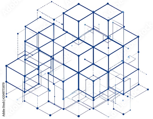 A 3D geometric structure composed of interconnected blue cubes and lines on a white background