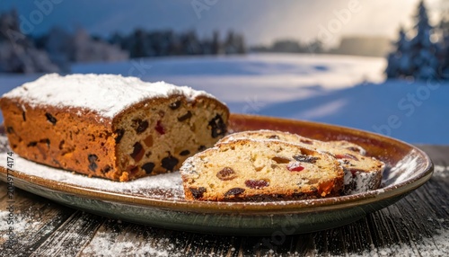 A delightful slice of fruitcake dusted with powdered sugar, mimicking snow on a festive holiday plate