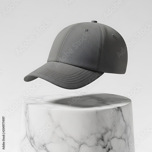 Close-up of a black leather baseball cap on white fabric.