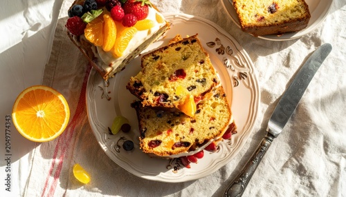 A delightful overhead view of sliced fruitcake adorned with berries and citrus on a decorative ceramic plate, showcasing its rich texture and festive appeal.