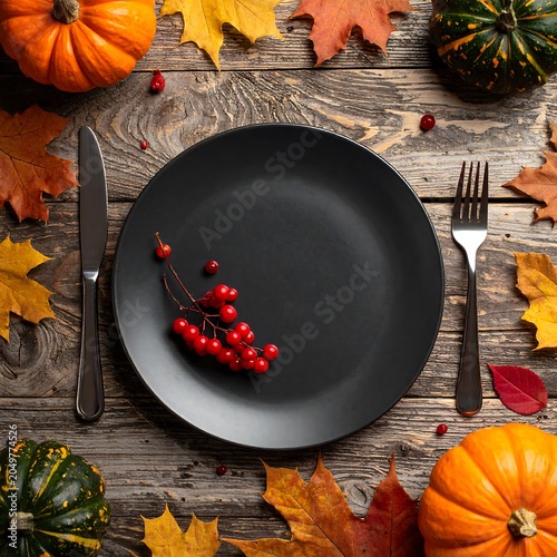 A black plate with red berries on a wooden table surrounded by pumpkins and autumn leaves