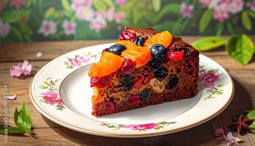 A delightful slice of fruitcake loaded with colorful dried cranberries, blueberries, and orange pieces, presented on a floral plate