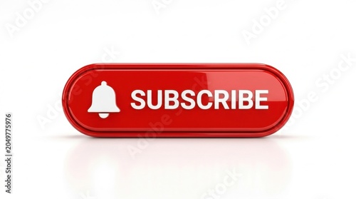 Glossy red 3D subscribe button with white notification bell icon isolated on white background