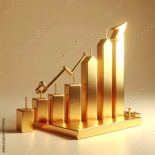 A 3D golden bar chart with an upward trend line and shiny surface