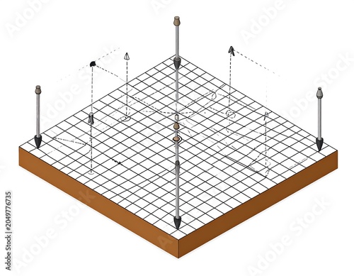 A 3D grid structure with a brown base and metal rods