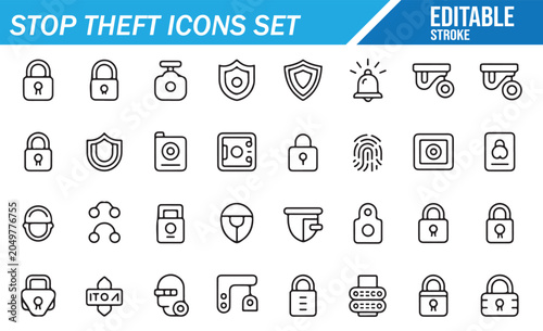 Stop Theft Security Icons Set Editable Stroke Vector Collection Featuring Lock Shield CCTV Protection Surveillance Cybersecurity and Anti Theft Outline Symbols