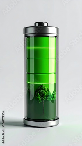 A 3D illustration of a battery with a green energy meter