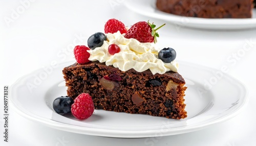 A delightful slice of traditional fruitcake, generously topped with whipped cream and fresh berries on a white plate.