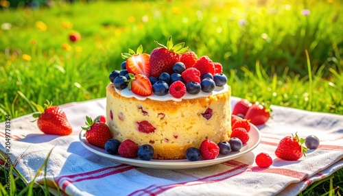 A delightful summer fruitcake generously topped with fresh berries and strawberries sits on a plate outdoors