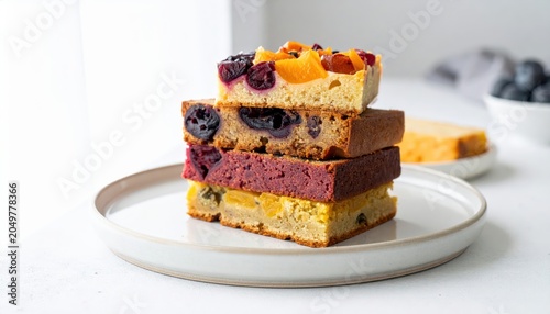 A delightful stack of four fruitcake slices with varied fruit toppings and interior compositions, artfully arranged on a white plate.